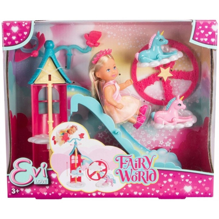 Кукла Simba Evi Fairy World, с магически аксесоари и 2 еднорога, височина 12 см, +3 години