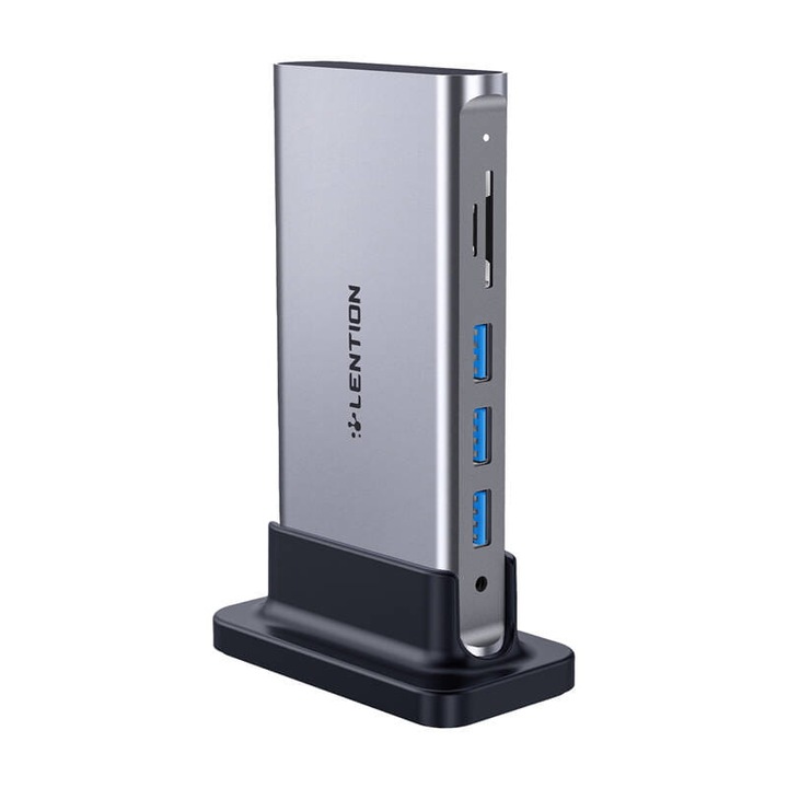 LENTION AV USB-C докинг станция, HDMI, 11 порта, 4K, 60Hz, 100W, сива