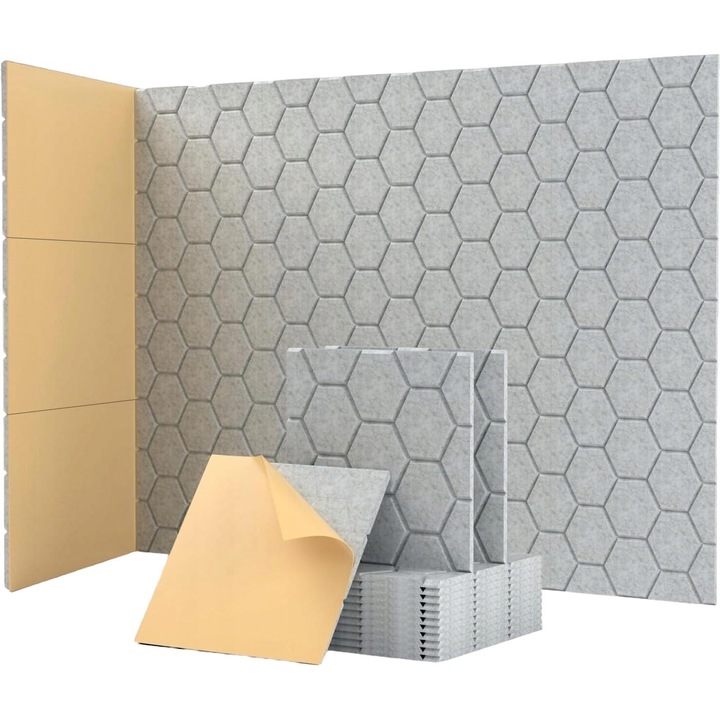Set 12 Panouri acustice autoadezive, SBAY, bumbac, hexagonale, 30 x 30 x 0.9 cm, gri