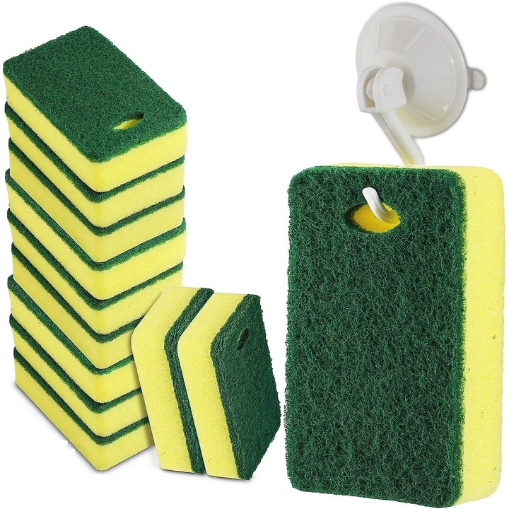 Set 12 bureti de curatare Enforose cu suport cu ventuza, bureti multipurpose, galben si verde