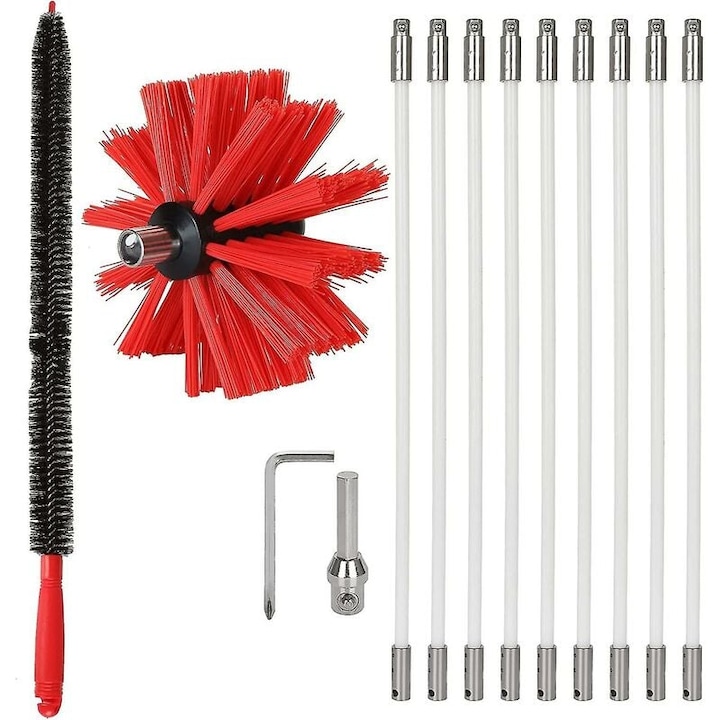Kéményseprő készlet, 3,6 m, 9 rúd, 100 mm-es nylon tisztítókefe, króm