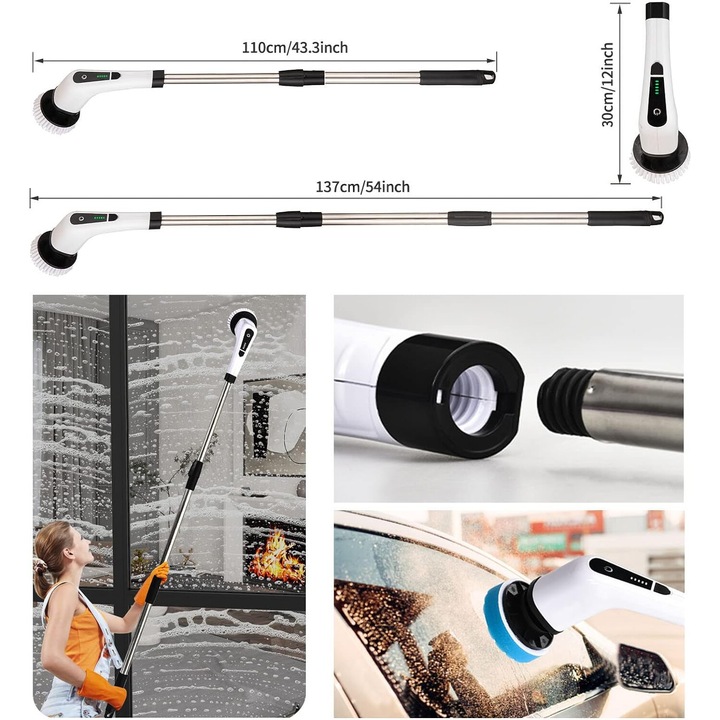 Perie electrica de curatare fara fir, Longziming, 8 capete interschimbabile, lungime ajustabila 25x140cm, alb