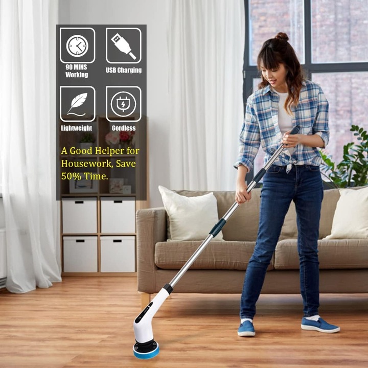 Perie electrica de curatare fara fir, Longziming, 8 capete interschimbabile, lungime ajustabila 25x140cm, alb