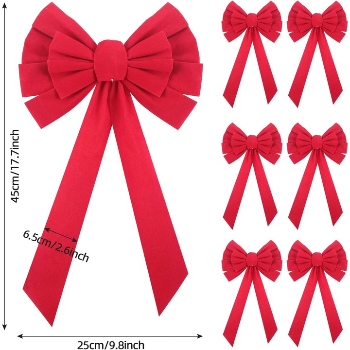 Set 6 funde de Catifea Rosie pentru Craciun, 25x45cm / 9.8 x 17.7 Inch, Decorare Coroana sau Varf de Brad