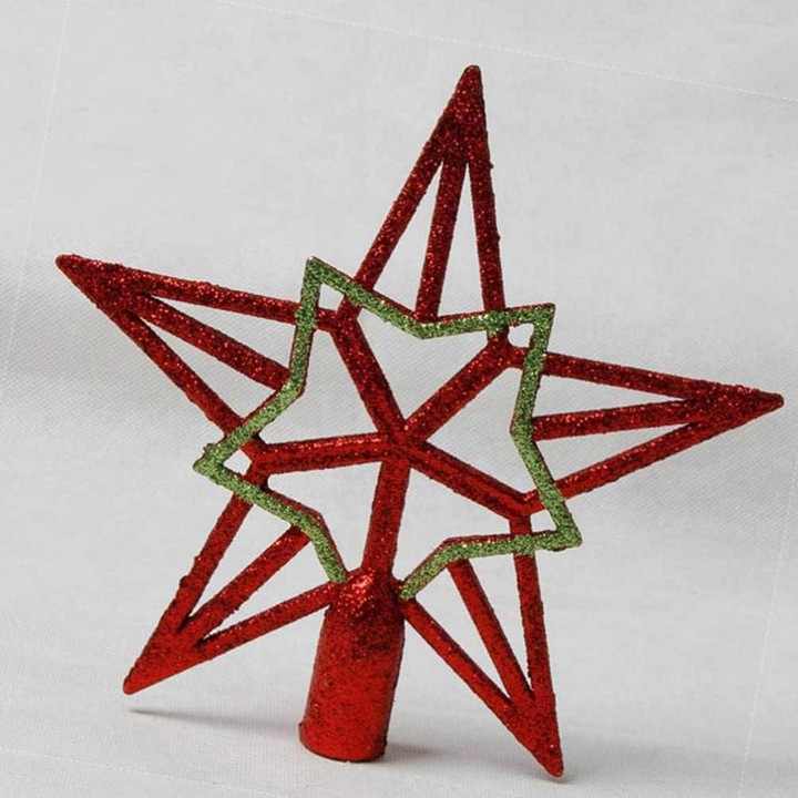 Varf de brad vintage, AMRINUGL, stea goala cu paiete stralucitoare, rosu si auriu, 30x30cm