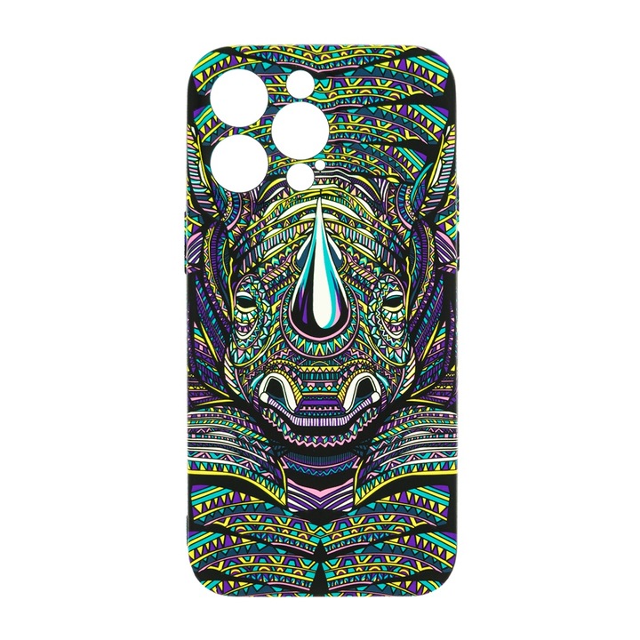 Husa de telefon, LUXO, compatibil cu iPhone 15 Pro Max, model Tribal Rhino cu efect fosforescent, TPU, multicolor