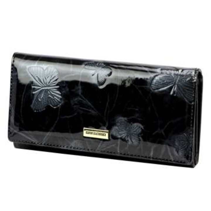 Portofel dama Gregorio, piele naturala, cu design fluturi, compartimente pentru carduri, 18.5 x 3.5 x 9.5 cm