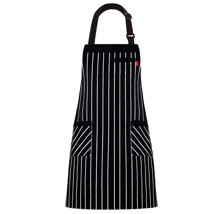 Sort bucatar unisex, bumbac, dungi alb-negru, 3 buzunare, reglabil, 80x90cm