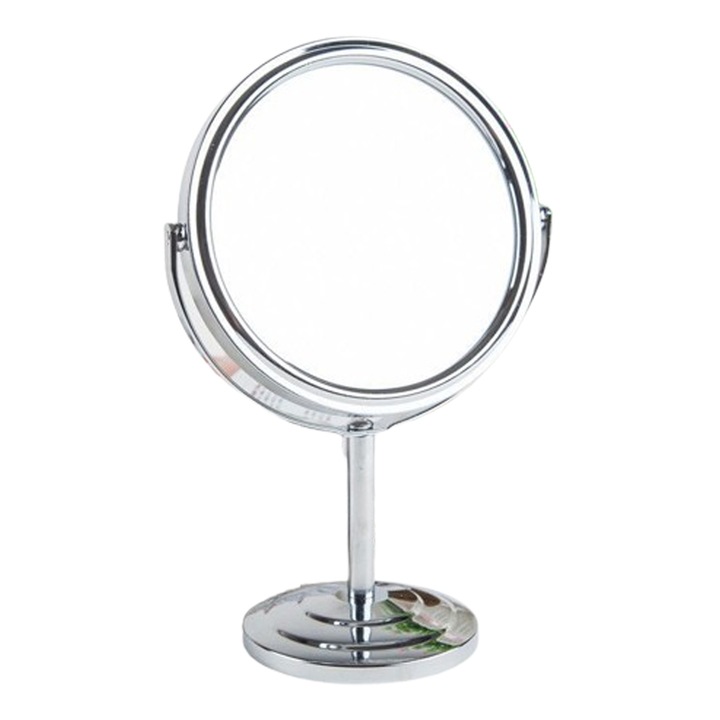 Oglinda metalica eleganta, rotativa la 360°, cu doua fete, circumferinta de 6 ½ inci, finisaj cromat mat pentru reflexie clara de cristal