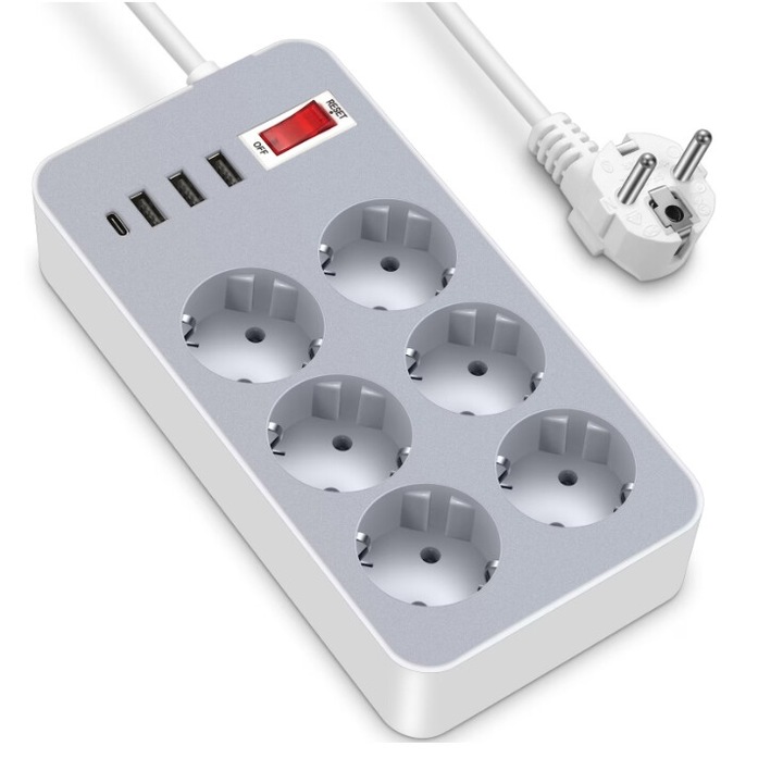 Удължител с USB зареждане, 6 гнезда, 3 USB A порта, 1 USB C порт, защита от деца, бял, 1,2 м