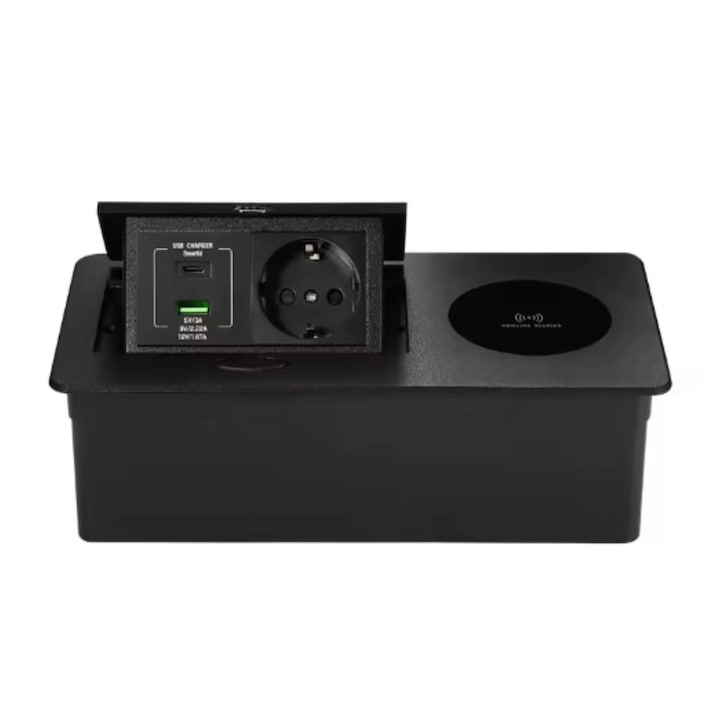 Безжичен контакт за вграждане, Adsinio, мултифункционален, 1 Shucko, 1 USB, 1 USB-C, Номинален ток 16A, Черен