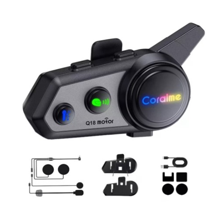 Sistem de comunicare moto, Coralme, Adsinio, interfata limba Romana si Engleza, casti, 2 tipuri de microfon, Conectivitate Bluethooth, incarcare USB, Autonomie 24 de ore, prindere prin lipire sau clema, intercom 800m, partajare muzica, Negru