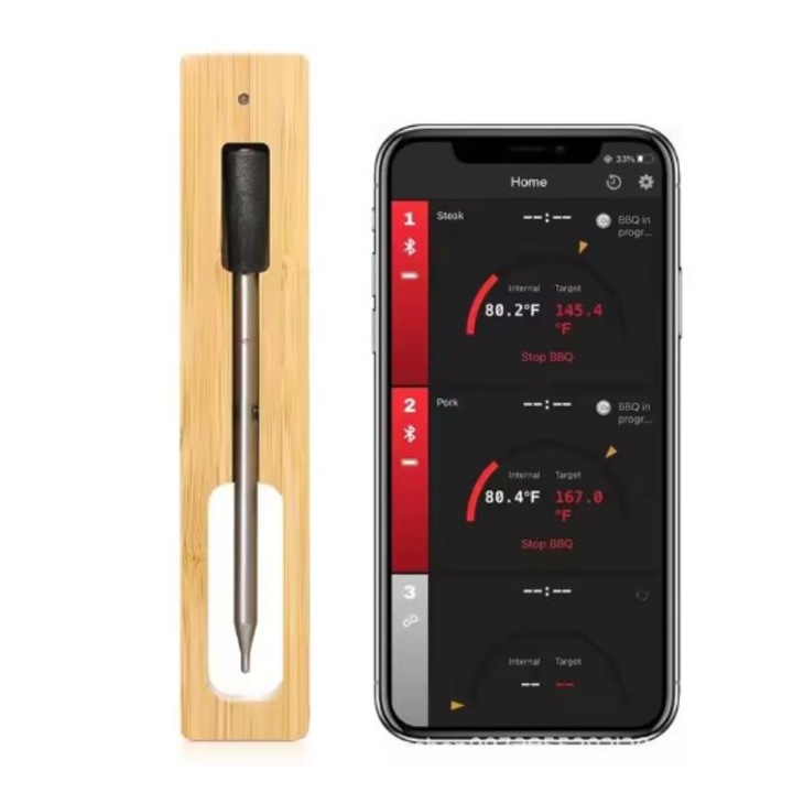 Termometru smart de Bucatarie, Adsinio, Wireless, Bluetooth, Aplicatie pentru telefon, Compatibil IOS si Android, Utilizare la Cuptor, Grill, Tigaie, Rotisor, Rezistent la apa IP67, Gri