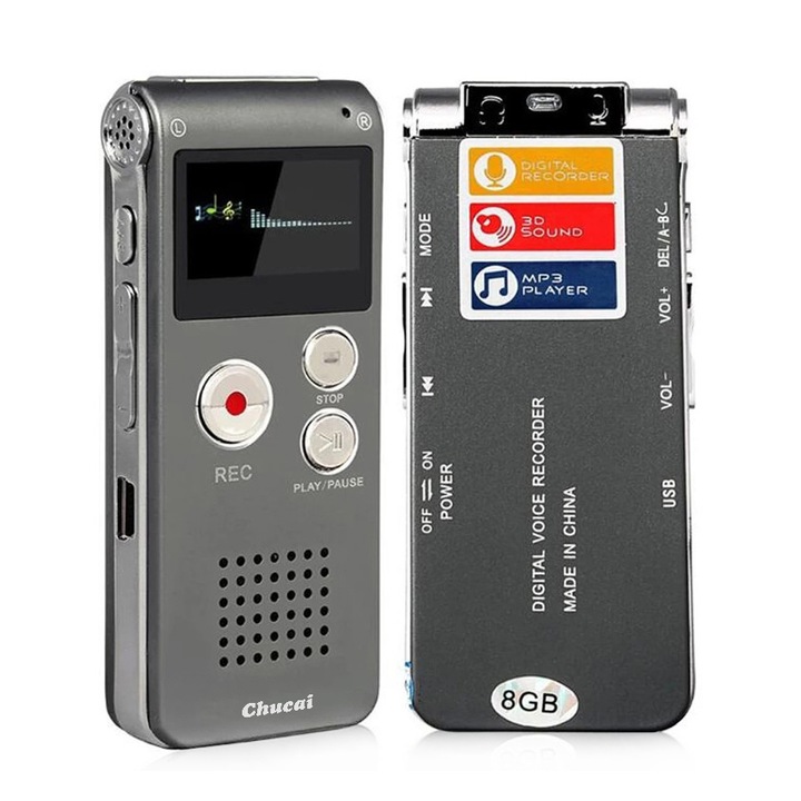 Цифров рекордер с гласово активиране, Chucai, 8GB, намаляване на шума, MP3, сив