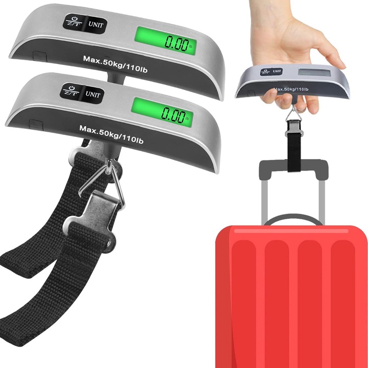 Set 2 Cantar pentru bagaje, SINBINTA, Cu banda impletita, Iluminare de fundal verde, Portabil, LCD, Digital, 50 kg, Blocare automata, Indicator baterie descarcata, Pentru calatorii, livrare expres, varstnici, ABS, 13.3 x 3 x 3cm, Negru/Argintiu
