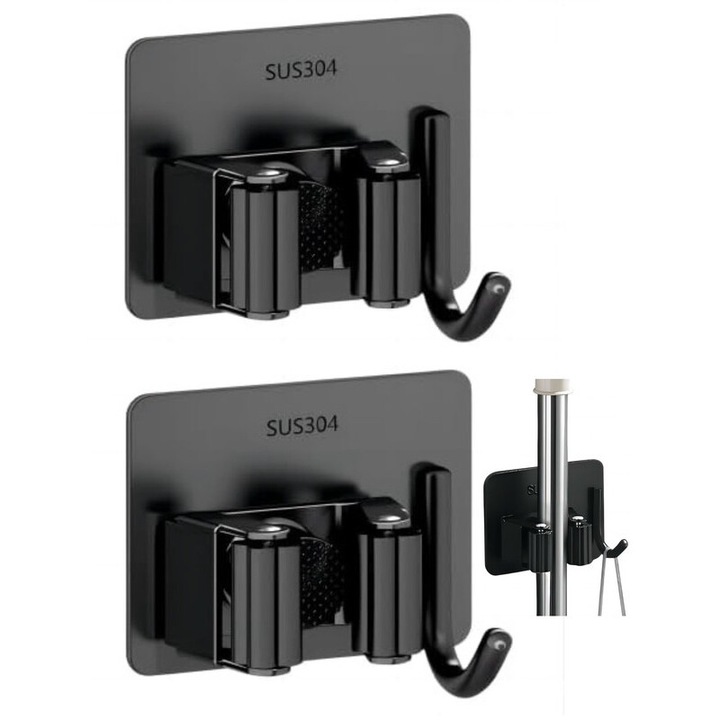Suport perete pentru mop si matura, inox, autoadeziv, cu carlig, negru, set 2 buc