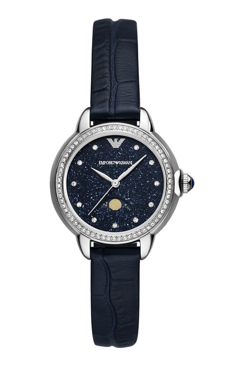 Emporio Armani, Аналогов часовник с фазите на Луната, Сребрист, Тъмносин