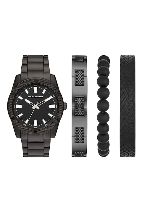 Skechers, Set de ceas si bratari - 4 piese, Alb, Negru