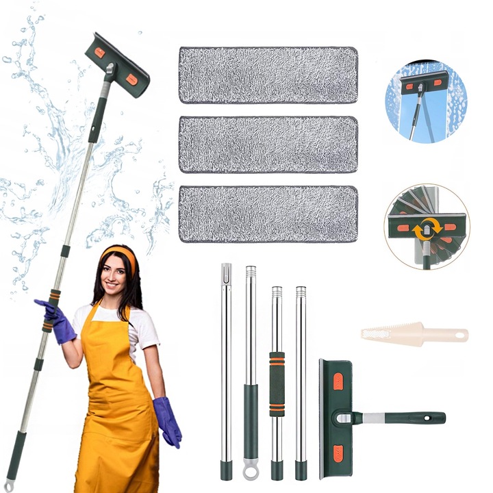 Stergator de geamuri telescopic multifunctional, Puepoul, 2 in 1, Ajustabil, 71-170cm, cu 3 lavete din microfibre, racleta din cauciu, Design Ergonomic, Usor de Utilizat, Rotativ la 180°, pentru geamuri, gresie, faianta sau podea, Verde/Argintiu