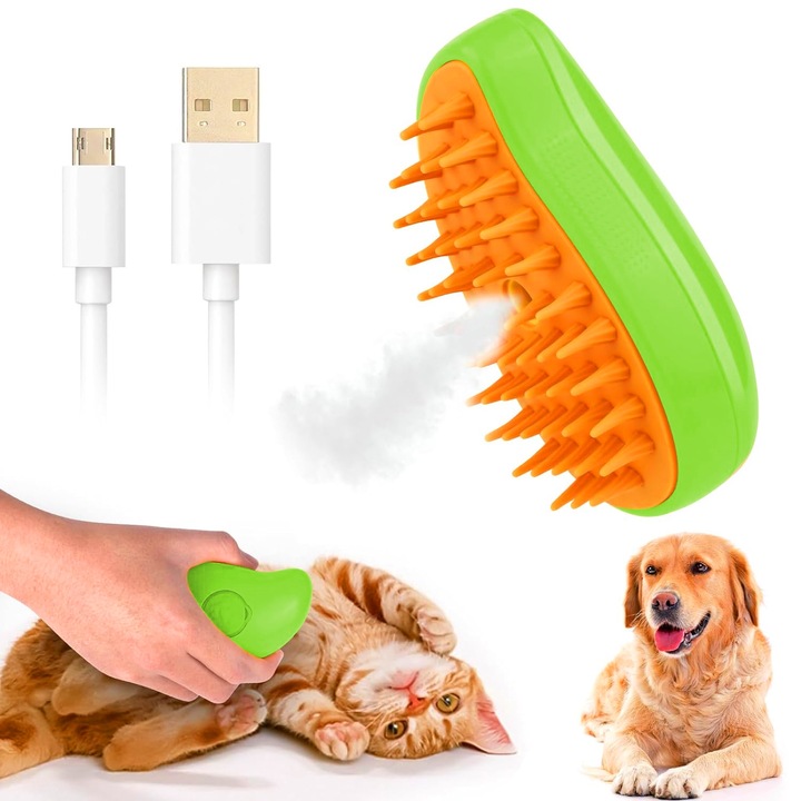 3 az 1-ben ápolókefe háziállatok, kutyák és macskák számára gőzzel, spray-vel és beépített adagolóval, szilikon masszázs, hatékony szőrtelenítés, USB újratölthető, ideális rövid és hosszú szőrzethez, mangózöld