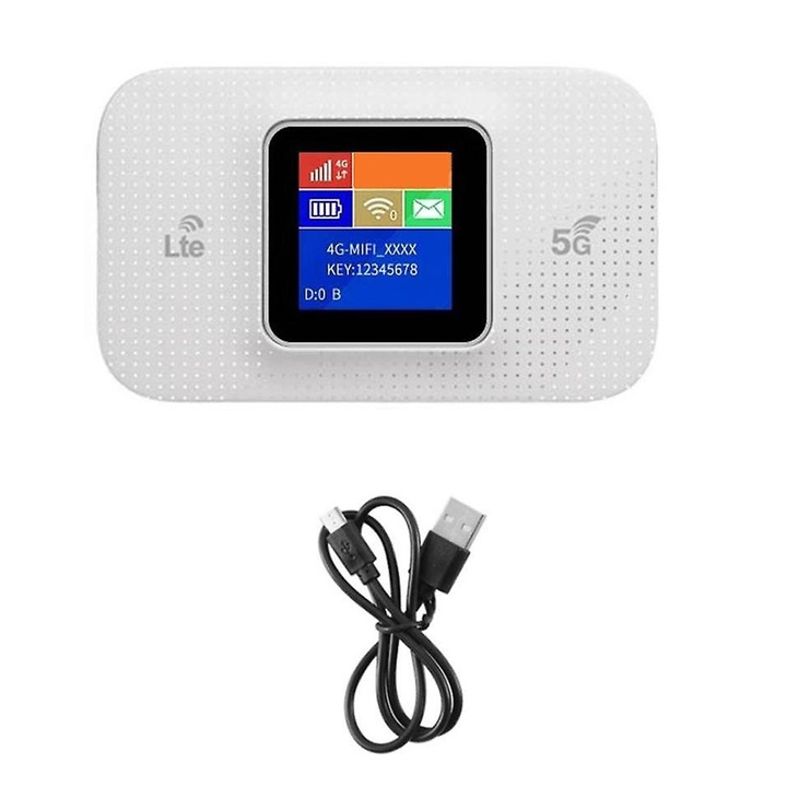 Преносим рутер H807Pro, Hggzeg, 4G рутер, SIM слот, LCD екран, преносим, 3650mAh, 2.4G, 300MBps, 10 едновременни потребители, Множество връзки, За мобилен телефон, лаптоп, настолен компютър и таблет, 10.4x6.4x2.5 cm, Бял