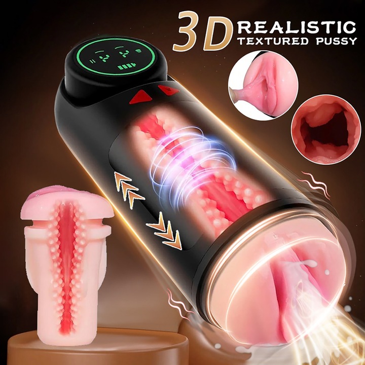 Masturbator masculin automat Fairykiss® Jucarii sexuale, poate intinde automat penisul, cu 4 moduri de aspirare, vibrare si impingere, display LED, impermeabil, negru