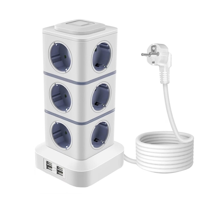 Torony hosszabbító aljzat, 12 aljzat, 4 USB port, gyors töltés, független kapcsoló, túlfeszültség elleni védelem, gyermekvédelem konfigurálása, 1,8 M kábel, 2500 W, PC+ABS lángálló anyag, fehér