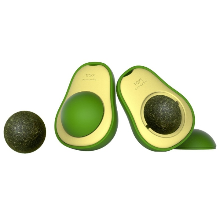 2 bile interactive pentru pisici, jucarii pentru pisici, betisoare pentru dentitie, teasers pentru pisici, ABS, catnip, auto-divertisment, avocado, verde/galben
