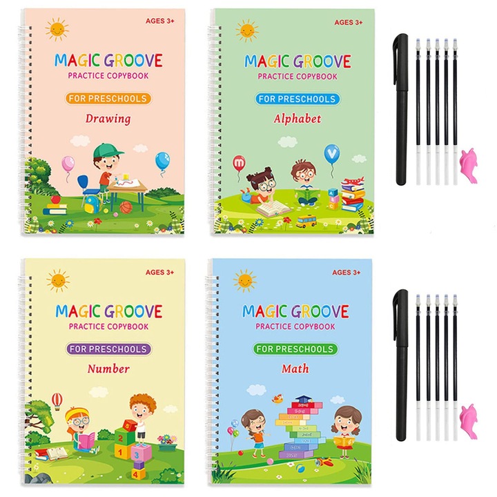 Set 4 Carti de lucru mari reutilizabile pentru scris de mana cu caneluri, Magic Practice Copybook, Practica de scris de mana pentru copii, caligrafie prescolara, 26x18.5 cm