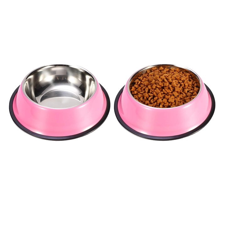 Комплект от 2 купи за кучета/котки от неръждаема стомана, SINBINTA, Easy to clean, Rubber base, Anti-tip, Corrosion and scratch resistant, 1000ml, Strong, Durable, Non-toxic and harmless, Reusable, 25.8cm, Pink