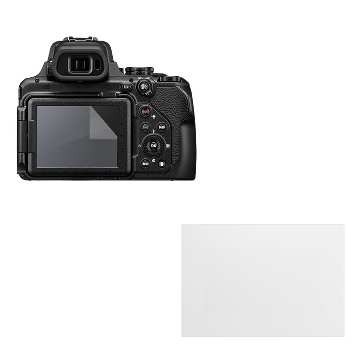 Set protectie compatibil cu Nikon Coolpix P1000, COMANDO Focus Shield, 1 Folie de Silicon Rezistenta pentru Ecran, Anti-Reflexie, Anti-zgarieturi, Proprietati Regenerabile, Protectie Anti-Amprente, Aplicare usoara, Gri Transparent