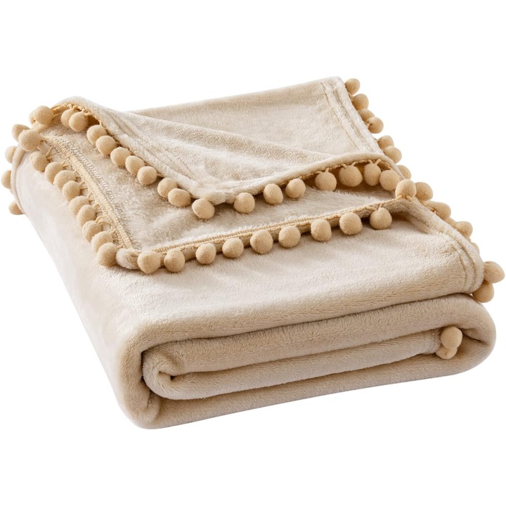 Patura din fleece, MIULEE, 220 x 144 cm, cu pompom, Catifelata, Moale si confortabila, Bej