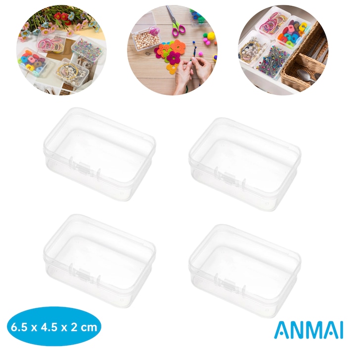 Set 4 cutii mici de depozitare din plastic, Anmai, 6.5 x 4.5 x 2 cm, pentru pictura cu diamante, cosmetice, margele, piese mici, Carlig de pescuit, momeala, unghii, bijuterii, transparent
