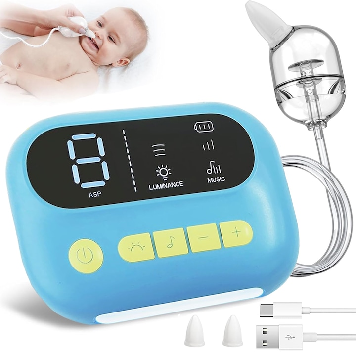 Elektromos orrszívó, BYONDSELF®, professzionális, 9 szívási fokozat, 70 kPa, 2500 mAh akkumulátor, csendes, zene és fények, LED kijelző, 2 szilikon fejjel, kék