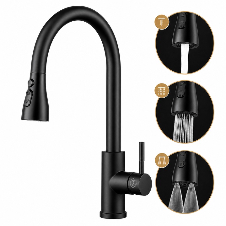 Baterie Chiuveta Bucatarie Wumeiwang®, Dus Extractibil, 3 Moduri de Curgere, Pipa Inalta Rotativa 360°, Monocomanda, Cartus Ceramic, Otel Inoxidabil, Racorduri Incluse, Negru Mat