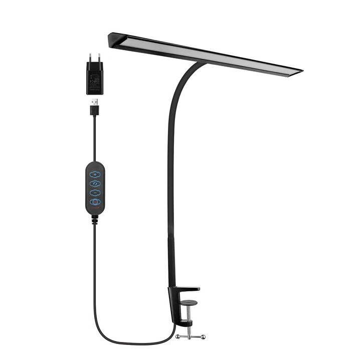 Лампа с LED, BYONDSELF®, настолна, метална скоба, лебедова шия, с адаптер, 3 цветни температури 3200k-6500k, 10 нива на интензитет, USB, 36W, подходяща за четене, черна