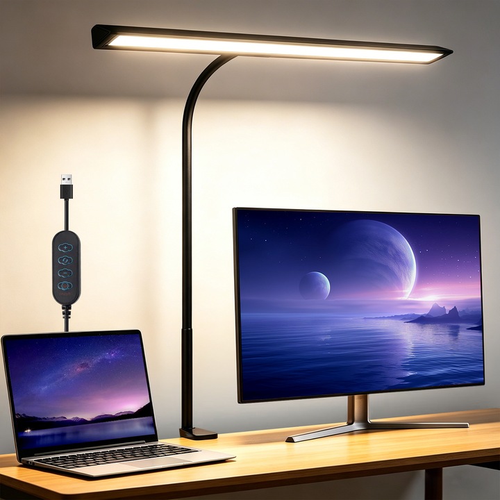 Lampa de Birou LED, BYONDSELF®, Clema Metalica, Gat de Lebada, cu Adaptor, 3 Temperaturi de Culoare 3000k-6500k, 10 Nivele Intensitate, USB, 36W, Potrivita pentru citit, Negru