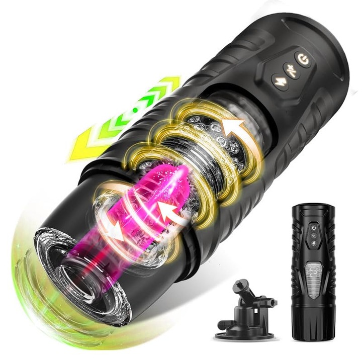 Masturbator masculin automat Fairykiss® Jucarii sexuale, poate intinde automat penisul, masturbator masculin, 7 moduri de impingere si 7 rotatii, cu fereastra de vizualizare, baza de aspiratie, impermeabil, negru