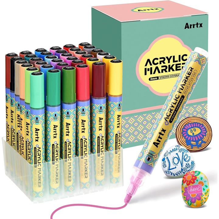 36 db Arrtx akrilfesték jelölőkészlet, vízbázisú, üveghez, kerámiához, kövekhez, fához, műanyaghoz, papírhoz, vászonhoz, tárolódobozt tartalmaz, többszínű, nem mérgező, gyorsan szárad