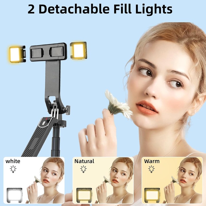 Selfie Stick 2 az 1-ben teleszkópos fotóállvánnyal telefonhoz, videó/fotó kamera, GoPro, állítható magasságú, levehető Bluetooth távirányító, 2x ikerlámpa, 1,8 m, háromtengelyes stabilizátor, 360°-os elforgatás