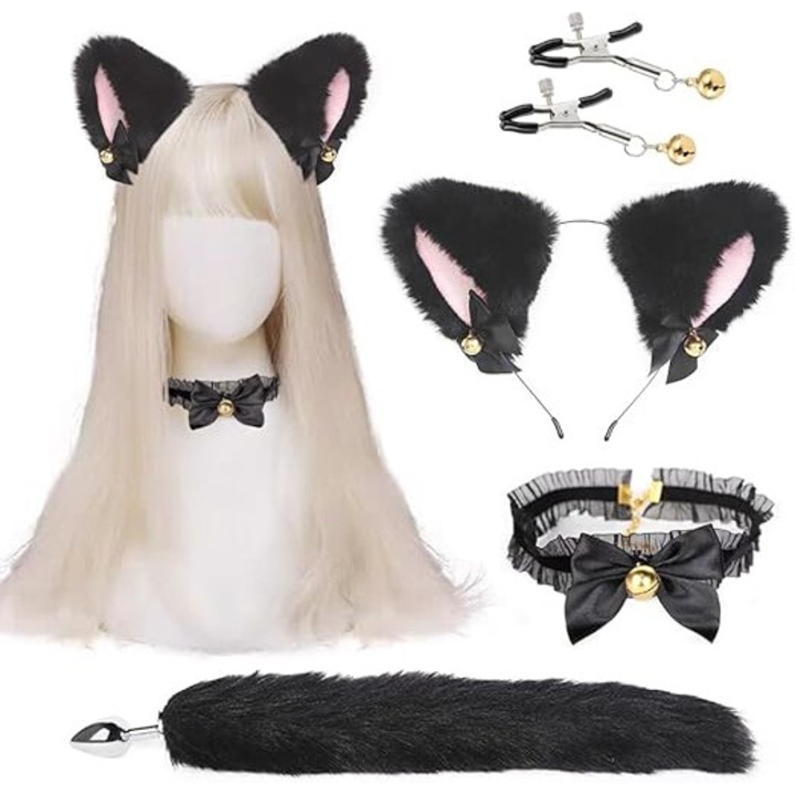 Комплект анални играчки, Анална тапа, За ролева игра с лисича опашка, Диадема с котешки уши, Черен