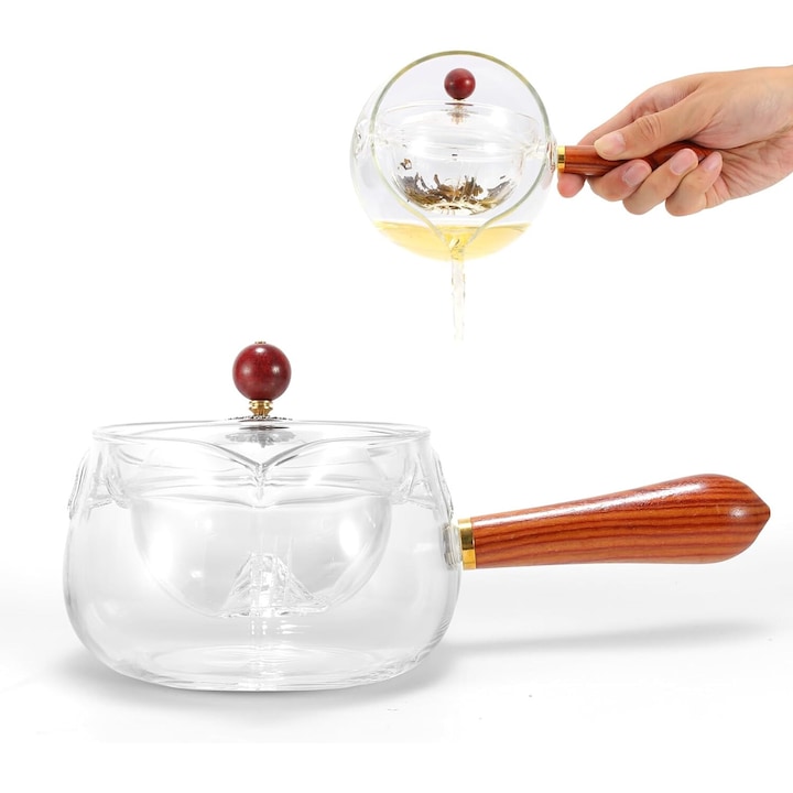 Ceainic din sticla cu infuzor, set de ceainic portabil cu producator de ceai cu rotatie 360 si infuzor, fierbator de ceai clar cu maner din lemn