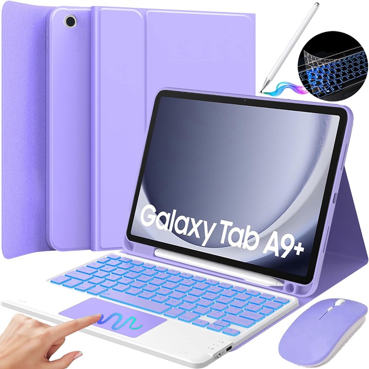 Husa Cu Tastatura Touchpad, JODAKOR®, Pentru Samsung Galaxy Tab A9 Plus 11", Fara fir, Bluetooth, Iluminare De Fundal in 7 Culori, Cu Stilou, Mouse, Membrana Din Silicon Pentru Tastatura, Violet Deschis