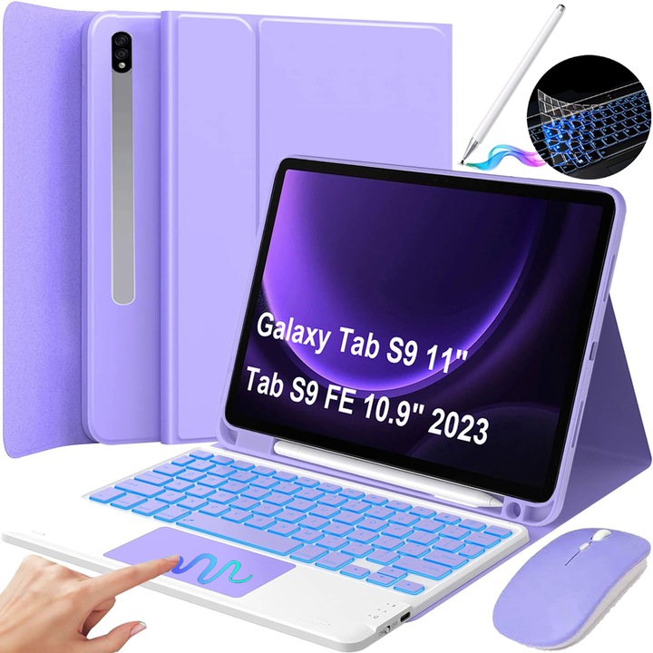 Husa Cu Tastatura Touchpad Pentru Samsung Galaxy Tab S9 11" si Galaxy Tab S9 FE/S10 Fe 10,9", Fara fir, Bluetooth, Iluminare De Fundal in 7 Culori, Cu Stilou, Mouse, Membrana Din Silicon Pentru Tastatura, Violet Deschis