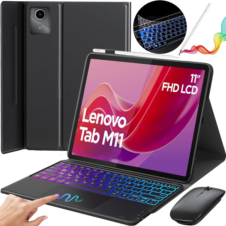 Калъф за клавиатура с тъчпад за Lenovo xiaoxin Pad 2024 Tab M11 11", безжичен, Bluetooth, 7 цвята подсветка, с писалка, мишка, силиконова мембрана на клавиатурата, черен