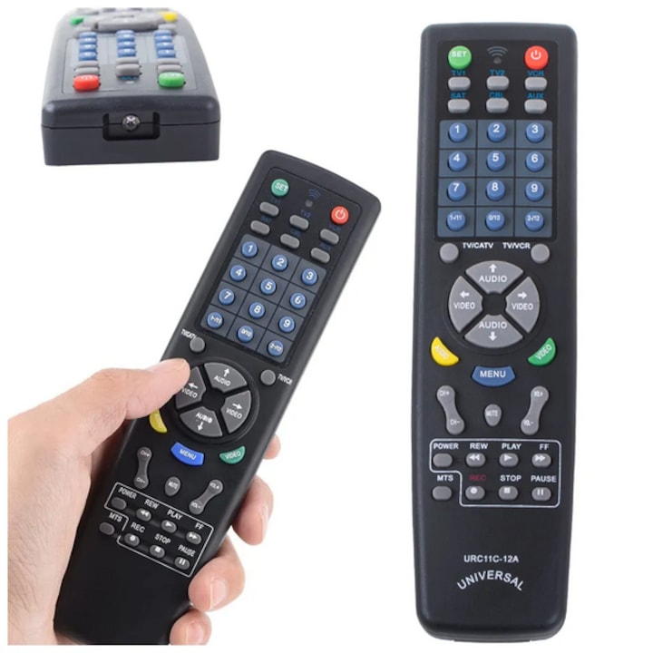 Univerzális multifunkciós távirányító, DVD VCR SAT CD AUX TV VIDEO AUDIO, 19, 5 cm x 5 cm x 2, 5 cm, fekete