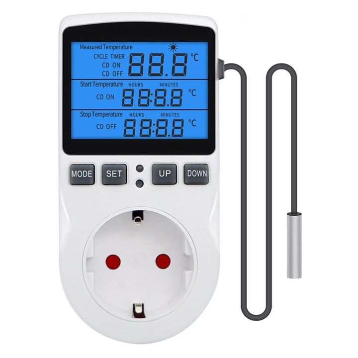 Priza Inteligenta Termostat, Ecran LCD, Functie corectare a temperaturii, Priza programabila digitala, Digital Timer, 230V, 16A, Programabila Timp/Temperatura, Termostat, Senzor Temperatura, Alb