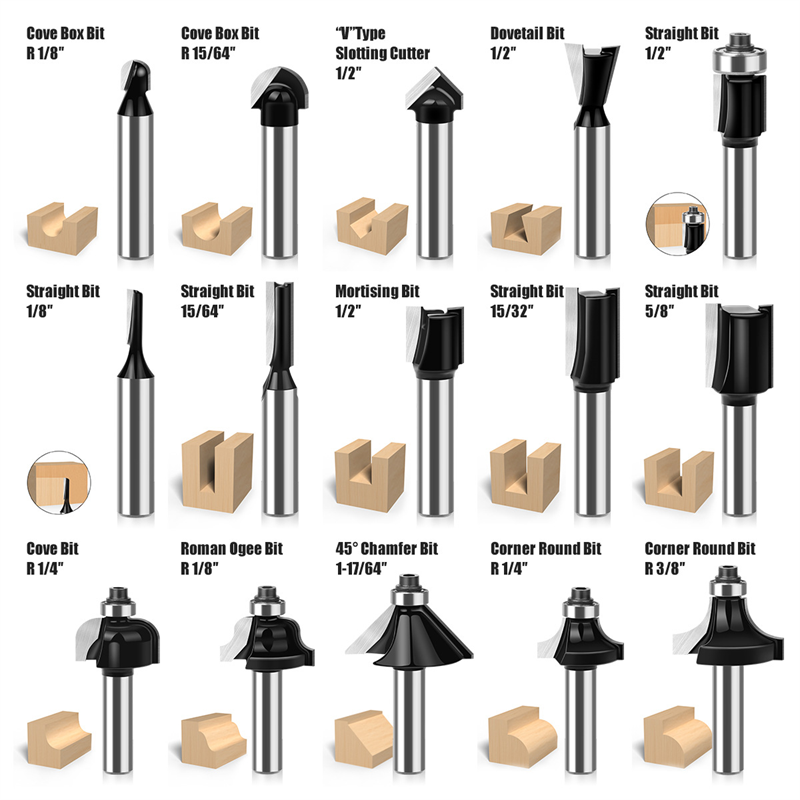 Set de freze pentru lemn 8mm, Sunmostar, 15 piese, carbide, negru