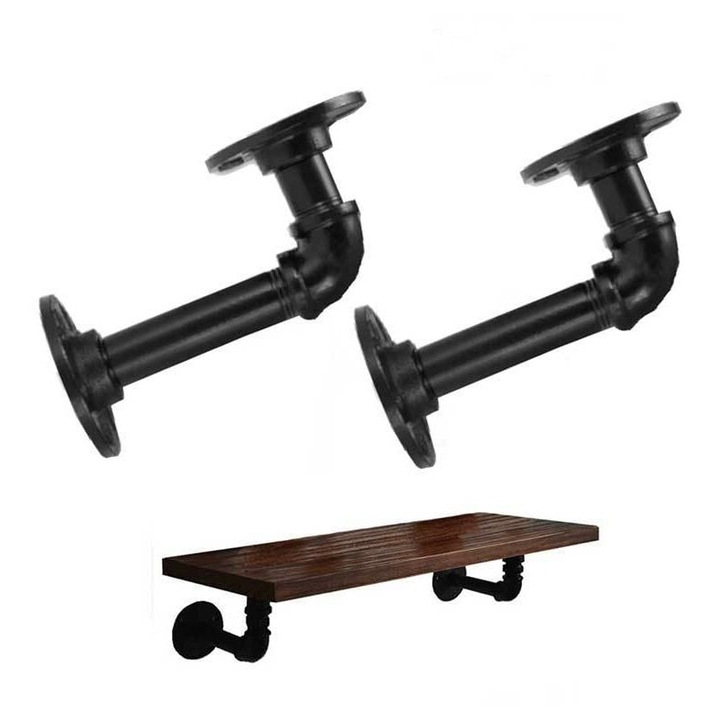 Rafturi decorative din lemn, AMRINUGL, stil industrial, suporturi din fier negru, set 2 bucati, dimensiuni variate