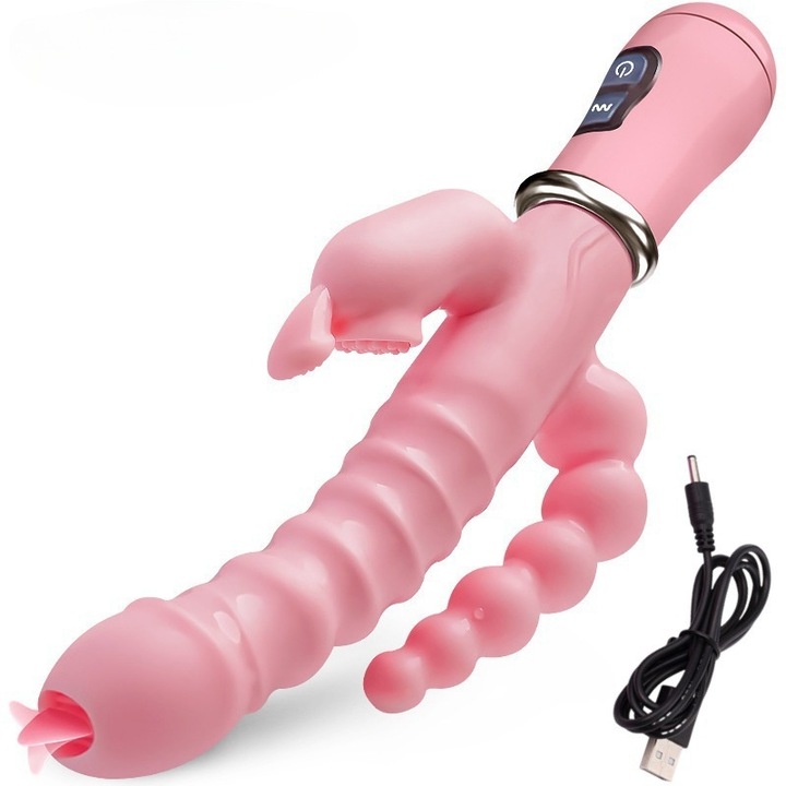 Vibrator intim feminin. Conversie de frecventa cu 12 viteze, experienta simulata de placere a punctului G prin lingerea limbii, material TPE de calitate medicala. Incarcare USB, 22,5*3 cm, roz